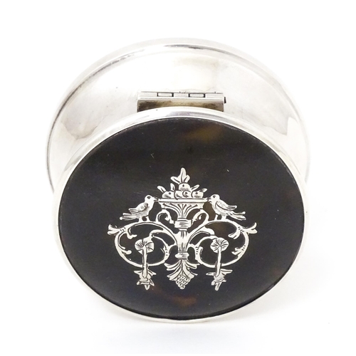 339 - A silver ring box with hinged lid having domed tortoiseshell and pique work decoration, hallmarked L... 