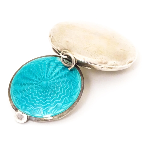 392 - An Art Deco silver small compact / pill box with turquoise guilloche enamel decoration, hallmarked B... 