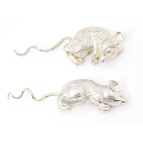 393 - Two silver models of mice , possibly for use on a cork or a small scent bottle, one formed as a runn... 