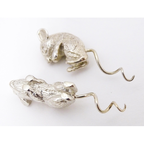 393 - Two silver models of mice , possibly for use on a cork or a small scent bottle, one formed as a runn... 