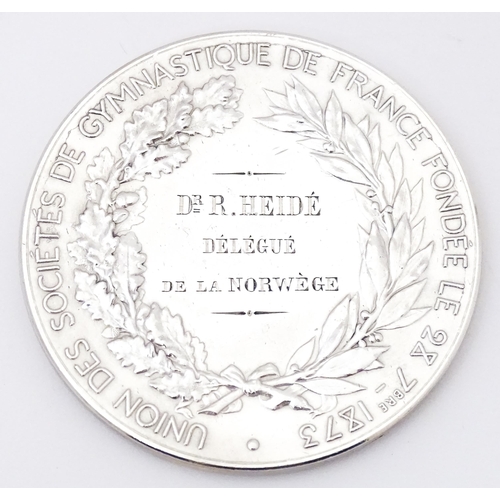 402 - Gymnastics Interest : A French silver  medallion titled ' Union des Societes de Gymnastique de Franc... 