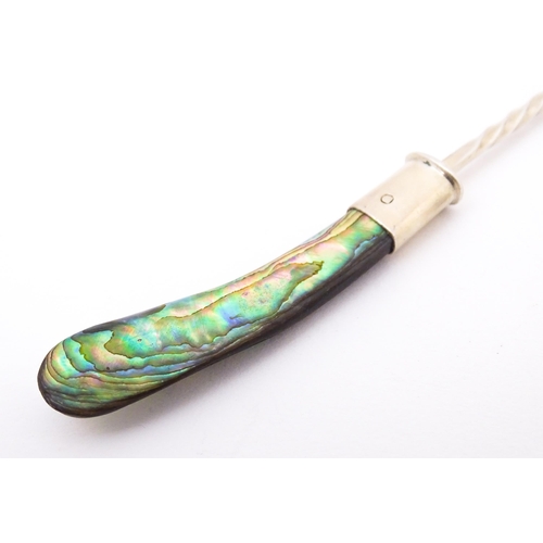 406 - A silver bread fork with abalone / paua shell handle bearing marks for Jim Cotterill of Wellington N... 