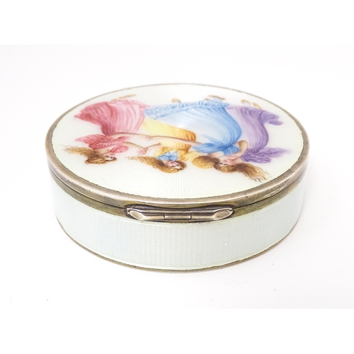 425 - A charming . 935 German silver box by Fritz Bemberg decorated with guilloche enamel detail, the top ... 