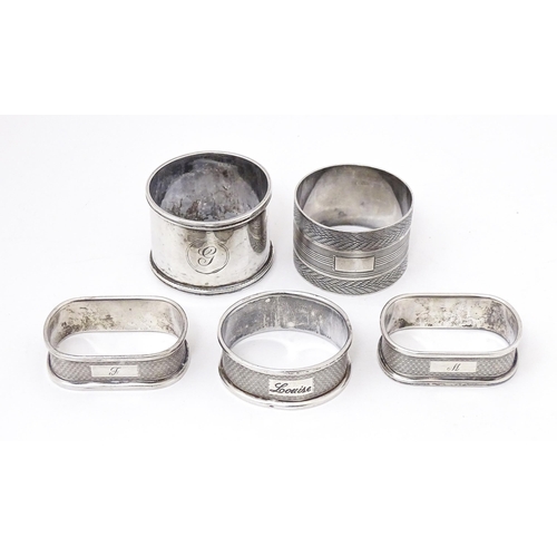 441 - Five assorted silver napkin rings to include two hallmarked Birmingham 1960,  one marked Sterling, o... 