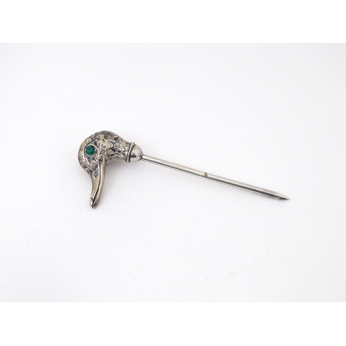 570 - A silver plate skewer / place card holder , the top surmounted by a ducks head. Approx 5 1/2