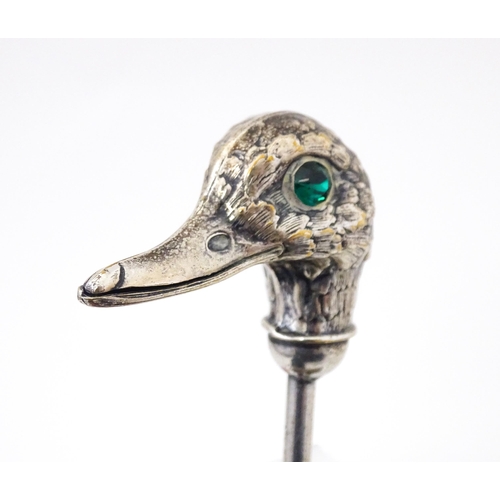 570 - A silver plate skewer / place card holder , the top surmounted by a ducks head. Approx 5 1/2