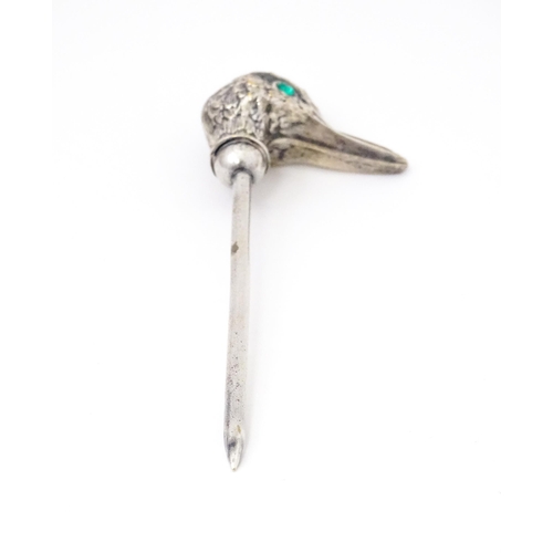 570 - A silver plate skewer / place card holder , the top surmounted by a ducks head. Approx 5 1/2