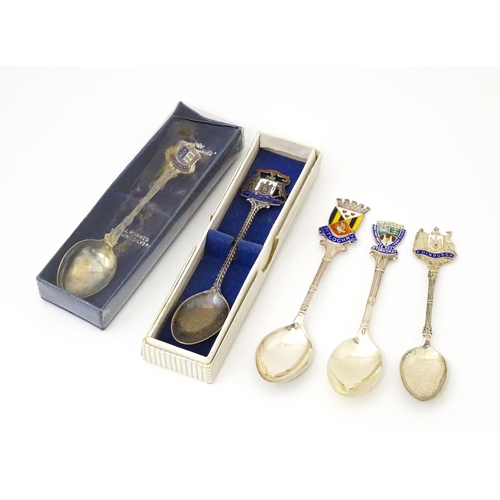 572 - 5 assorted silver souvenir tea spoons with enamel decoration to handles for various Scottish locatio... 