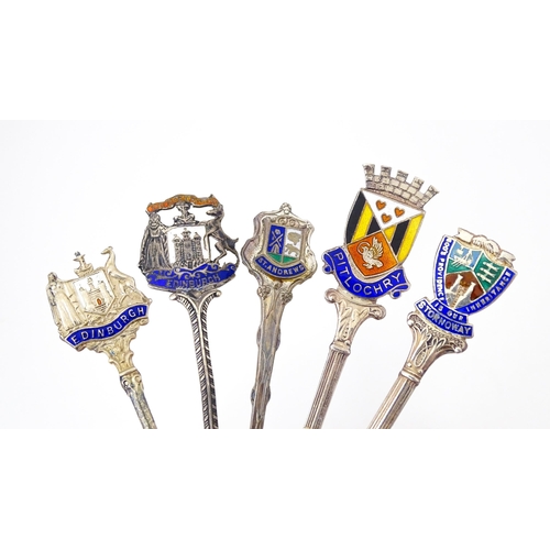 572 - 5 assorted silver souvenir tea spoons with enamel decoration to handles for various Scottish locatio... 