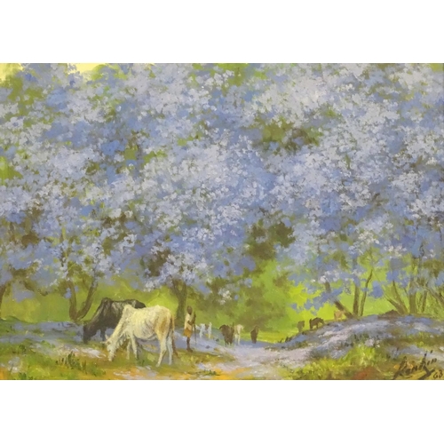 1897 - Rankin, 20the century, Oil on board, An Impressionist style wooded landscape with trees in blossom a... 