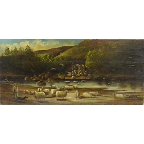 1902 - Late 19th / early 20th century, Oil on panels, A naive river landscape with farmers, sheep and dogs.... 