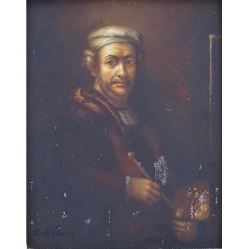 1912 - After Rembrandt van Rijn (1606-1669), 20th century, Oil on board, Self portrait at his easel. Indist... 