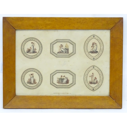 2201 - A 19thC birdseye maple frame of rectangular form, containing a 19thC engraving depicting six decorat... 