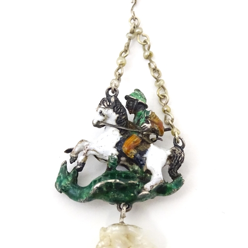 713 - An Austro-Hungarian white metal and enamel double sided pendant formed as St George riding a white h... 