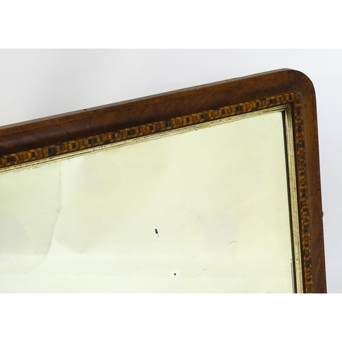 1614 - A late 19thC walnut overmantle mirror with a moulded, cross banded surround and Tunbridge ware style... 