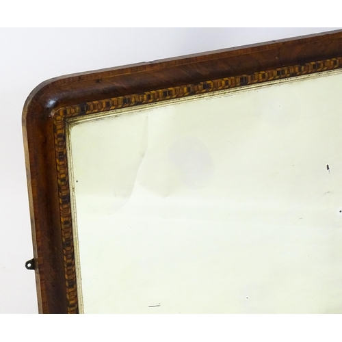 1614 - A late 19thC walnut overmantle mirror with a moulded, cross banded surround and Tunbridge ware style... 