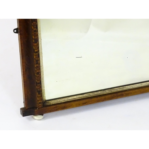 1614 - A late 19thC walnut overmantle mirror with a moulded, cross banded surround and Tunbridge ware style... 