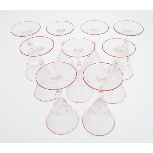 295 - Salviati & Co. Glassware: Nine Venetian glass pedestal drinking glasses with pink detail to rims. Ap... 