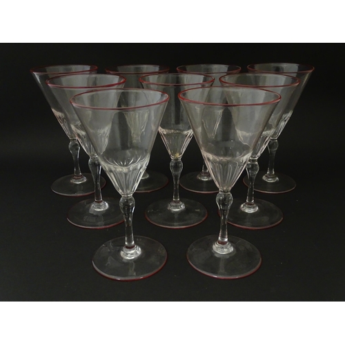 295 - Salviati & Co. Glassware: Nine Venetian glass pedestal drinking glasses with pink detail to rims. Ap... 