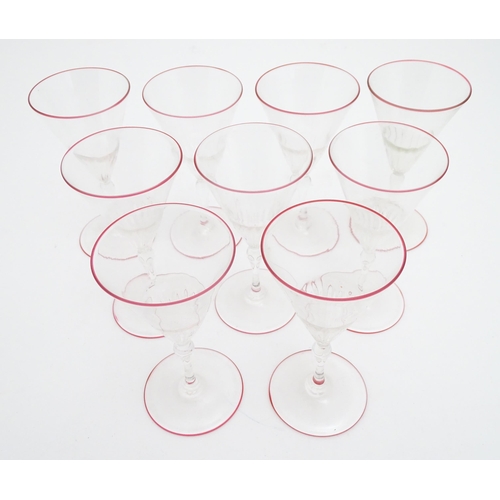 295 - Salviati & Co. Glassware: Nine Venetian glass pedestal drinking glasses with pink detail to rims. Ap... 