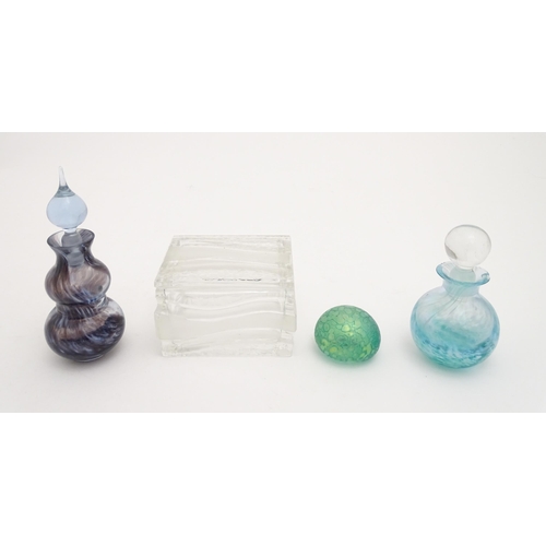 296 - Assorted glass ware to include scent / perfume bottles, an iridescent paperweight and a textured gla... 