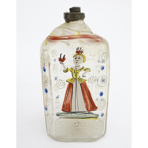 298 - An 18thC glass flask / bottle with polychrome enamel decoration. Probably German. Together with a ru... 