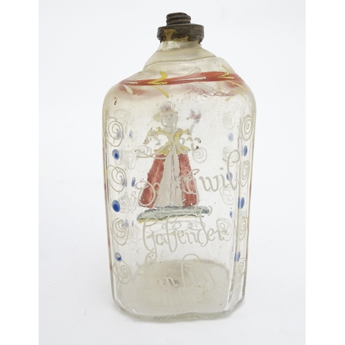 298 - An 18thC glass flask / bottle with polychrome enamel decoration. Probably German. Together with a ru... 