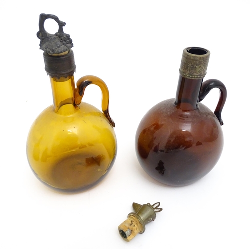 306 - Six assorted 19thC and later glass flagons / flasks with loop handles to include a Victorian Bristol... 