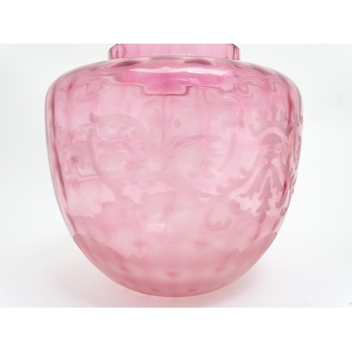 307 - Three various Victorian and later cranberry and pink glass lamp / light shades. The largest approx 6... 