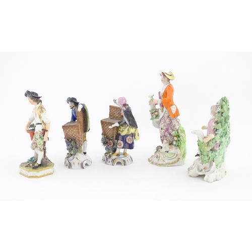 177 - Five assorted porcelain figures comprising a Derby style figure of a Dresden Shepherdess, with flowe... 