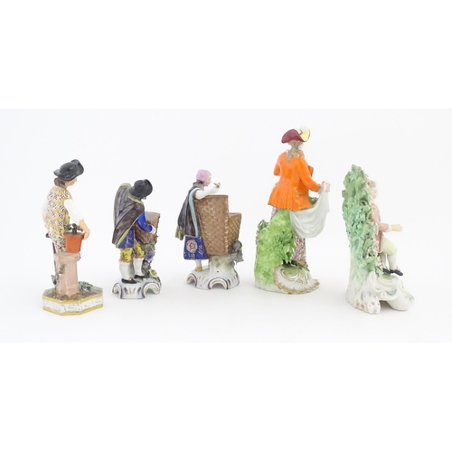 177 - Five assorted porcelain figures comprising a Derby style figure of a Dresden Shepherdess, with flowe... 