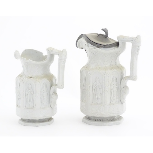 190 - Two Victorian apostle jugs by Charles Meigh, decorated in relief with figures in Gothic arches. Larg... 