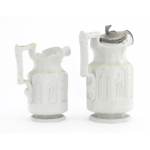 190 - Two Victorian apostle jugs by Charles Meigh, decorated in relief with figures in Gothic arches. Larg... 