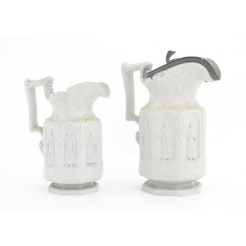 190 - Two Victorian apostle jugs by Charles Meigh, decorated in relief with figures in Gothic arches. Larg... 