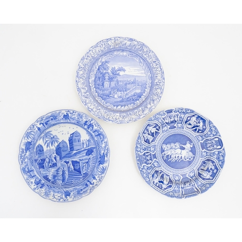 202 - Five blue and white plates in the patterns Greek, Piping Shepherd, Seasons, Bologna and Caramanian. ... 