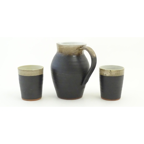 210 - An Irish Shanagarry Pottery jug and six beakers by Stephen Pearce. Jug approx. 7