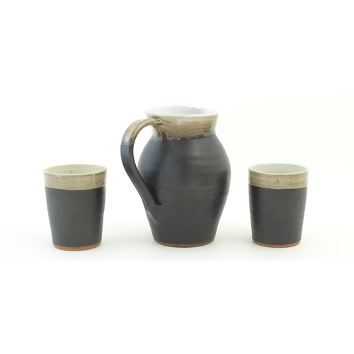 210 - An Irish Shanagarry Pottery jug and six beakers by Stephen Pearce. Jug approx. 7