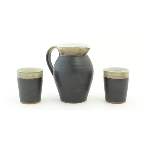 210 - An Irish Shanagarry Pottery jug and six beakers by Stephen Pearce. Jug approx. 7