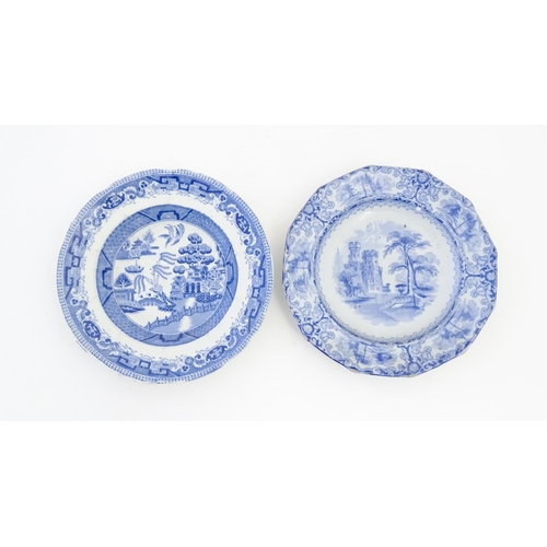 213 - A quantity of assorted blue and white plates, patterns to include Willow, rural scenes, etc. Makers ... 