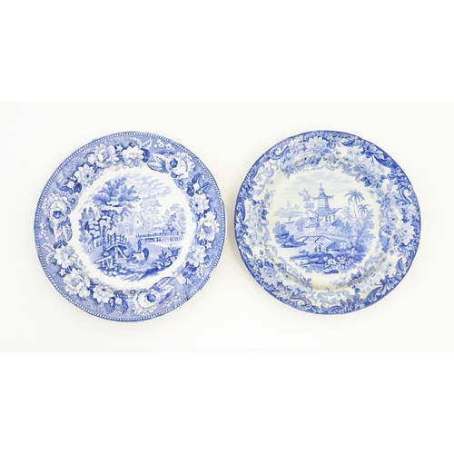 213 - A quantity of assorted blue and white plates, patterns to include Willow, rural scenes, etc. Makers ... 