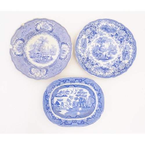 214 - A quantity of assorted blue and white plates, dishes, bowls, etc. Patterns to include Triumphal Car,... 