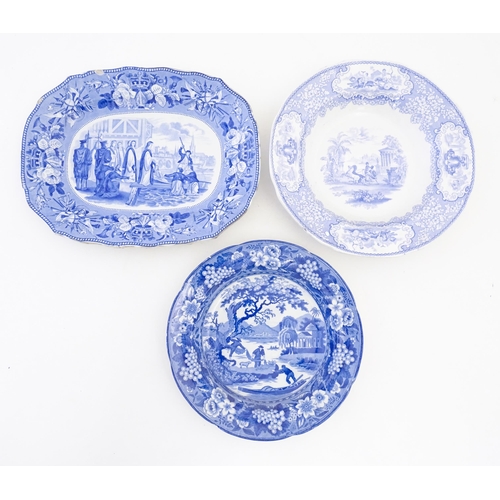 214 - A quantity of assorted blue and white plates, dishes, bowls, etc. Patterns to include Triumphal Car,... 