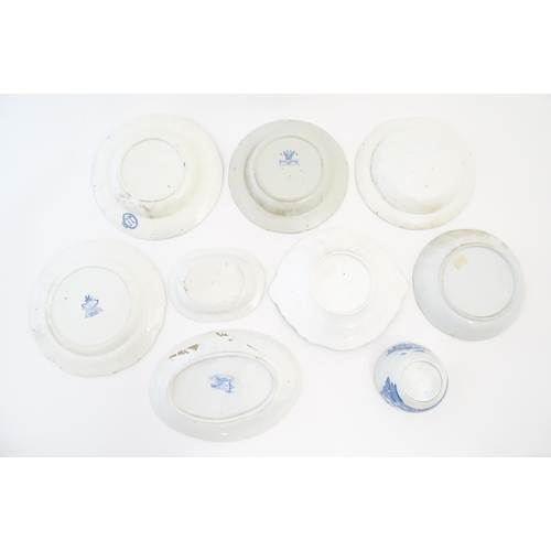 214 - A quantity of assorted blue and white plates, dishes, bowls, etc. Patterns to include Triumphal Car,... 