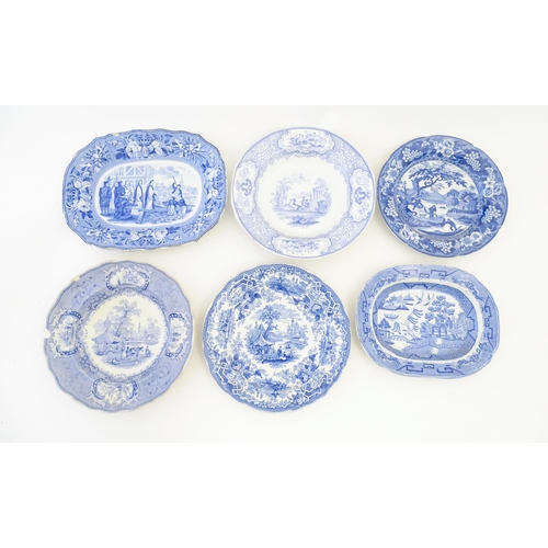 214 - A quantity of assorted blue and white plates, dishes, bowls, etc. Patterns to include Triumphal Car,... 