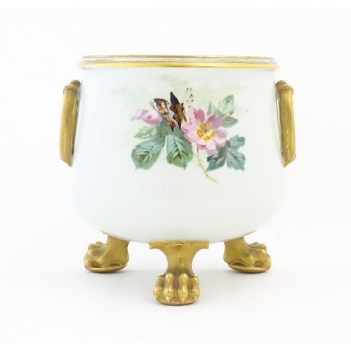 217 - A Continental jardiniere / planter decorated with flowers, foliage, birds and butterlies. With twin ... 