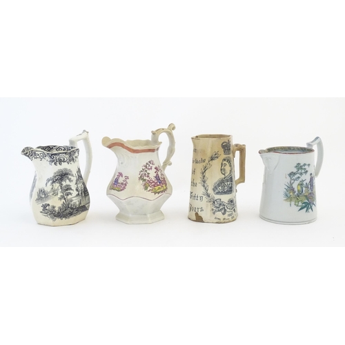 219 - Eight assorted Victorian jugs to include Pratt wares style examples, a Royal commemorative jug for Q... 