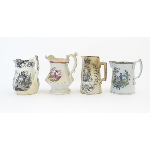 219 - Eight assorted Victorian jugs to include Pratt wares style examples, a Royal commemorative jug for Q... 