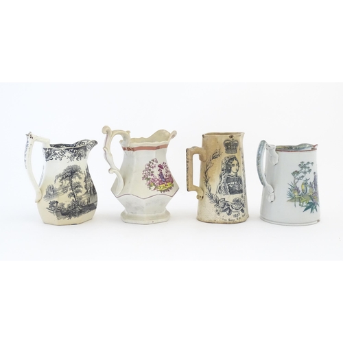 219 - Eight assorted Victorian jugs to include Pratt wares style examples, a Royal commemorative jug for Q... 