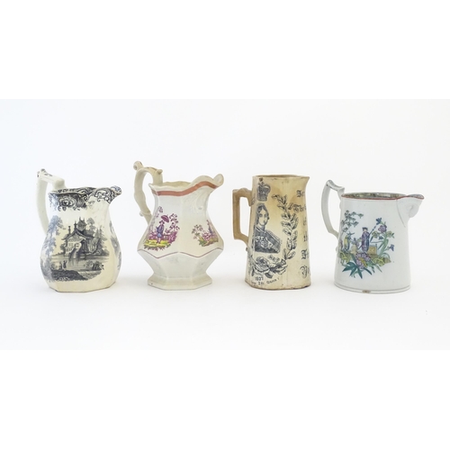 219 - Eight assorted Victorian jugs to include Pratt wares style examples, a Royal commemorative jug for Q... 