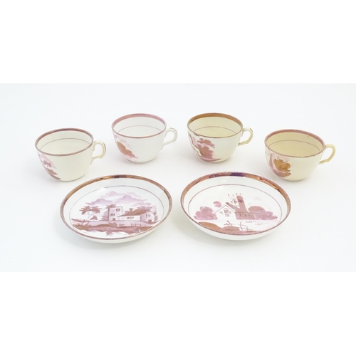 224 - Two Sunderland lustre tea bowls and saucers with hand painted rural church scenes. Together with two... 